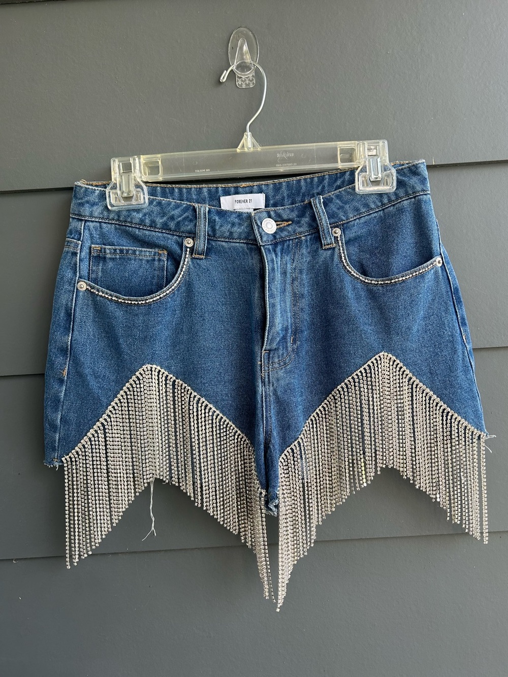 Rhinestone Fringe Sparkle Country Western Blue Denim Shorts Forever 21 size 27